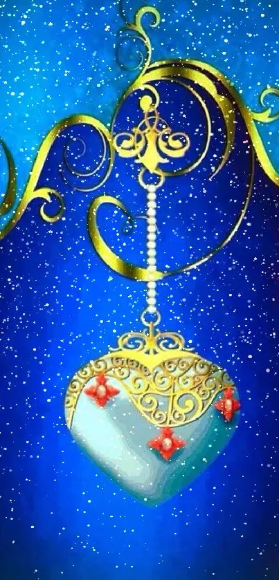 Elegant heart pendant with golden swirls on blue background wallpaper.