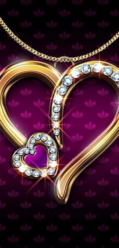 Gold heart pendant with diamonds on purple background wallpaper.