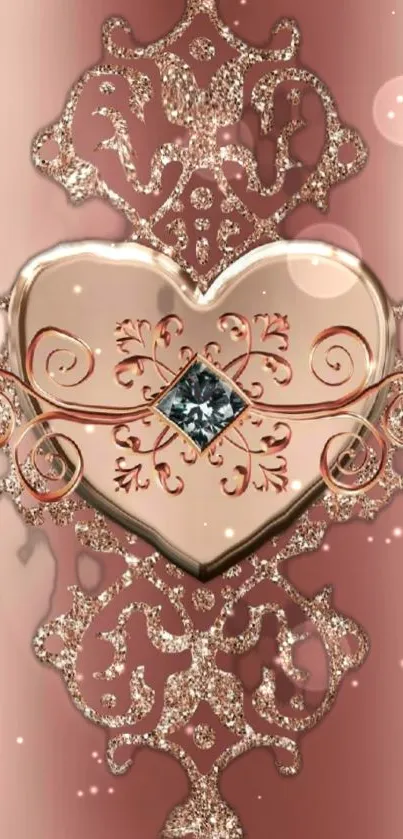 Elegant rose gold heart wallpaper with intricate design and shimmer.