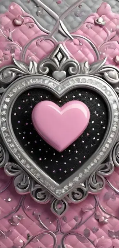 Pink heart with ornate silver design wallpaper.