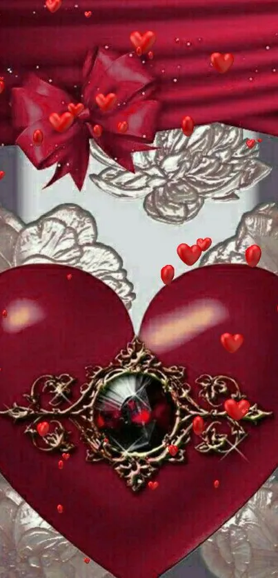 Red heart with floral and jewel accents on mobile wallpaper.