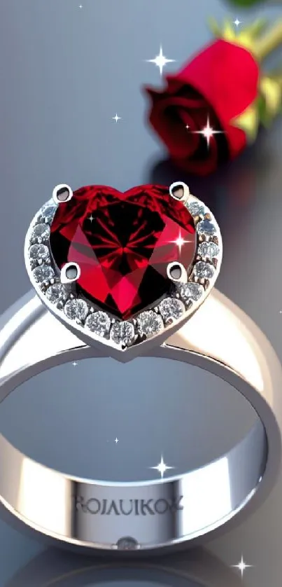 Heart-shaped ring with a red rose on a stylish wallpaper.