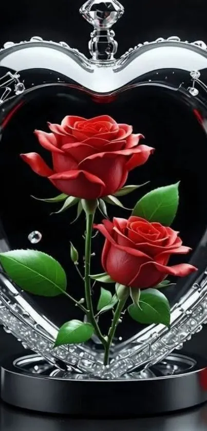 Heart-shaped crystal frame with red roses inside.
