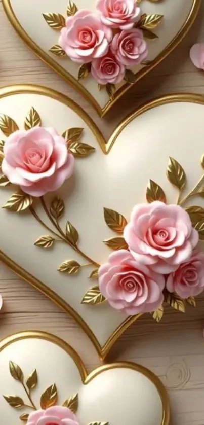 Heart-shaped design with pink roses and gold accents.