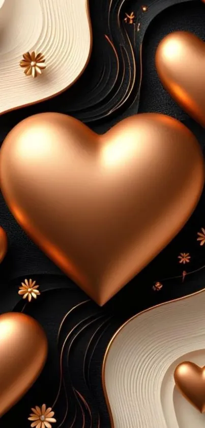 Gold hearts with floral design on dark background.
