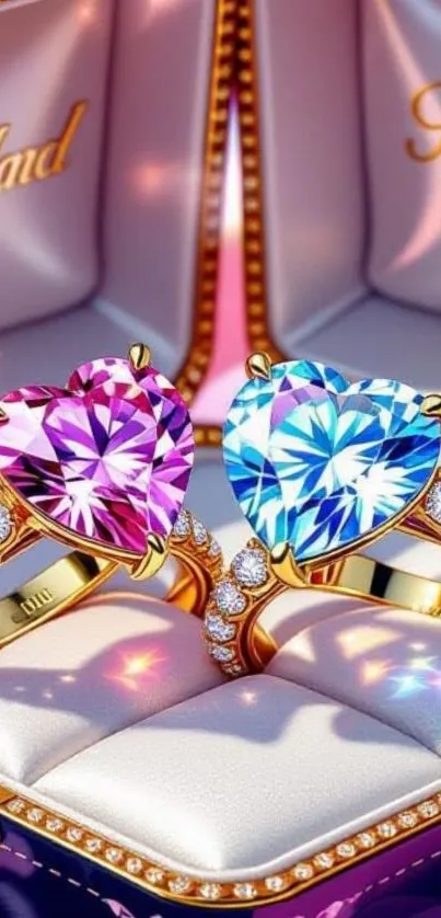 Heart-shaped pink and blue gem rings in a luxurious display box.
