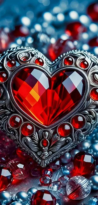 Heart-shaped gemstone with intricate metal design.