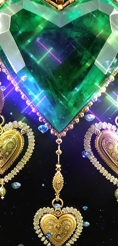 Heart-shaped emerald and gold jewelry pendant.