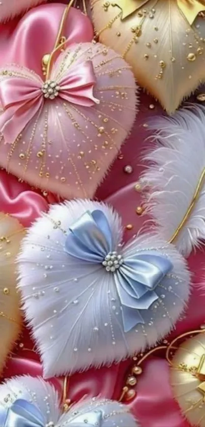 Heart-shaped satin decor with bows in pink hues.