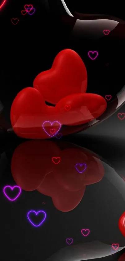 Heart-shaped glass with vibrant red hearts on black background.