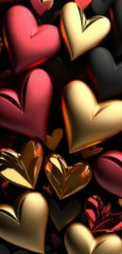Elegant 3D heart-shaped gold, red, and black wallpaper design.