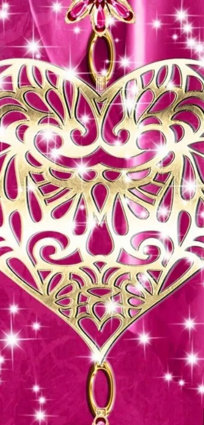 Intricate heart design on pink sparkling background.