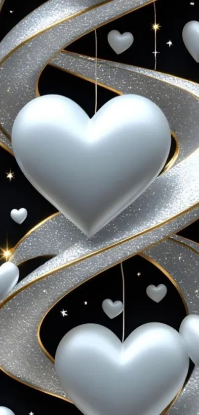 Aesthetic wallpaper with silver heart spirals on a dark background.