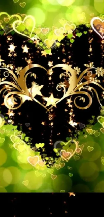 Green gold heart and star mobile wallpaper.