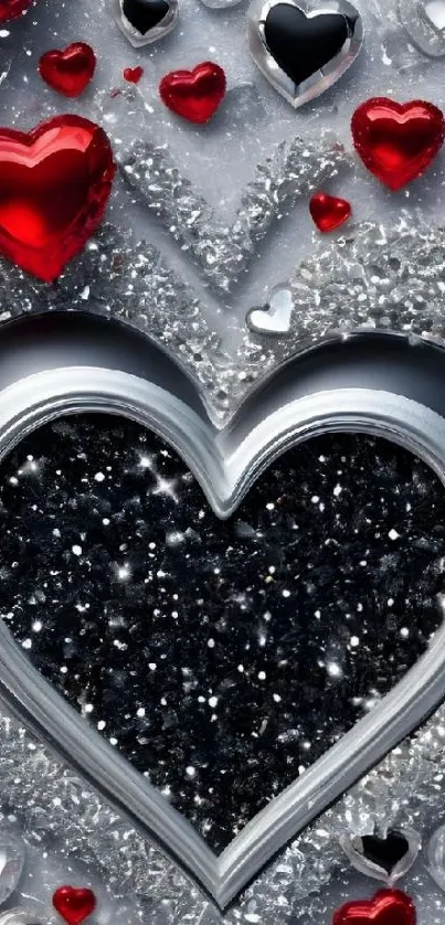 Heart-themed wallpaper with red and silver sparkles.