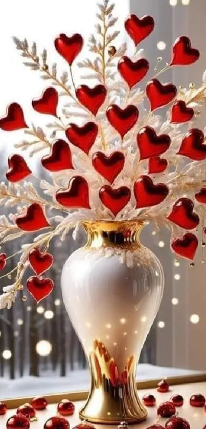 Elegant red heart vase wallpaper with white branches.