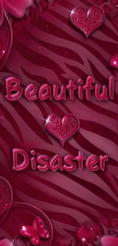 Crimson wallpaper with hearts and sparkles.
