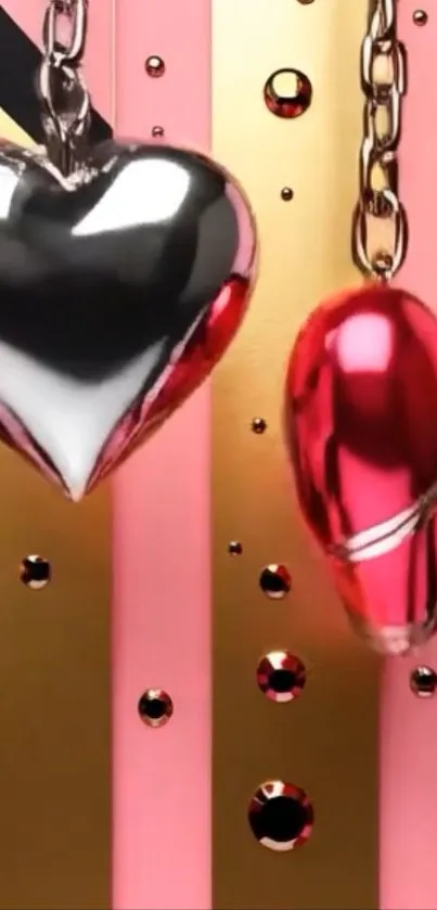 Elegant heart-themed wallpaper with metallic chain design on a vibrant background.