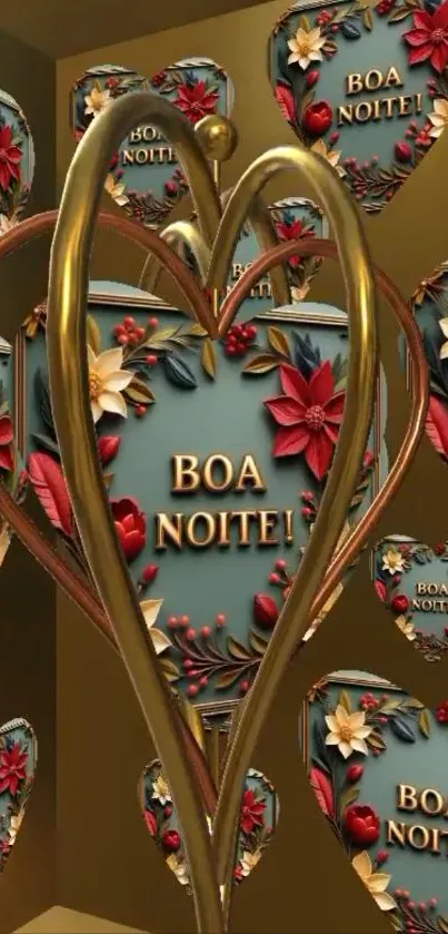 Elegant heart design with floral art and 'Boa Noite' text.