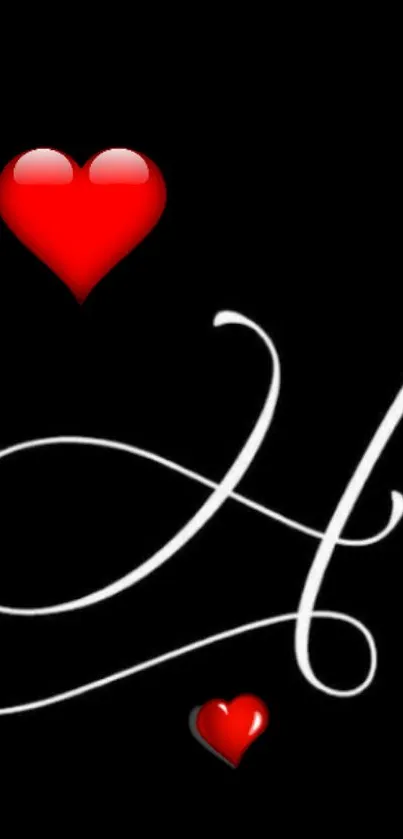 Elegant black wallpaper with a white letter H and red hearts.