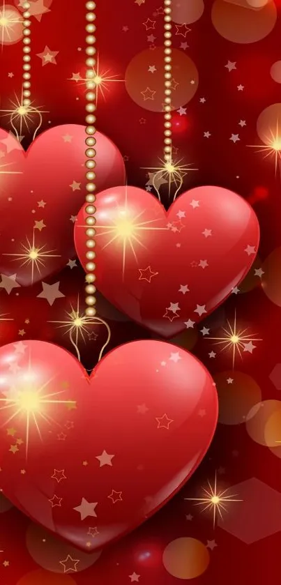 Red heart wallpaper with sparkling lights and golden stars.