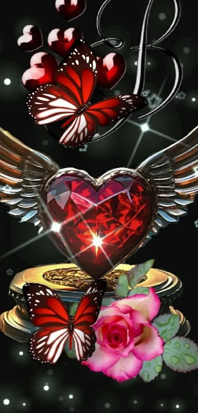 Elegant wallpaper featuring a winged heart with butterflies and a rose, on a dark background.