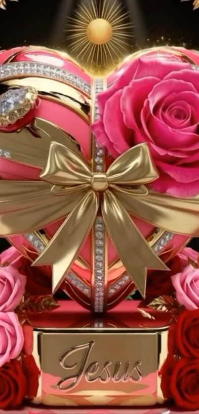 Heart-shaped design with roses and gold accents.