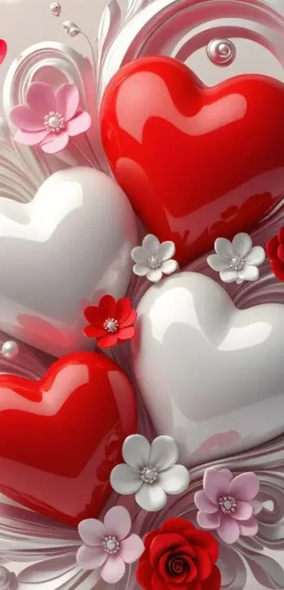 Romantic red and white hearts with flowers wallpaper.
