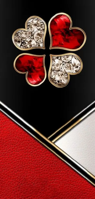 Luxurious red hearts with gold accents on a sleek black phone wallpaper.