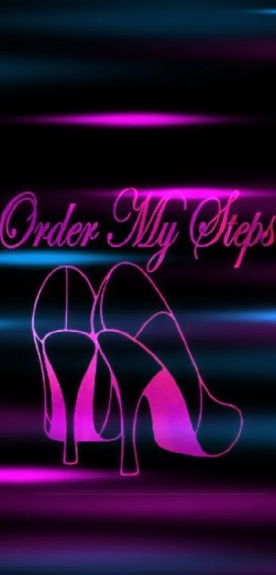 High heels with 'Order My Steps' text in pink on black background.