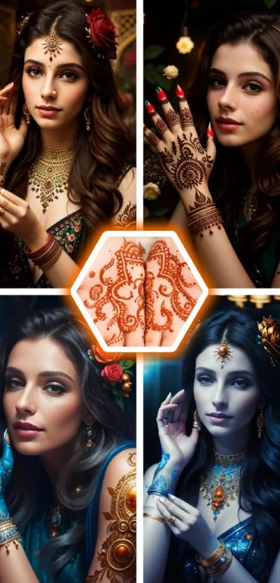 Collage of elegant women with henna and jewelry, vibrant colors.