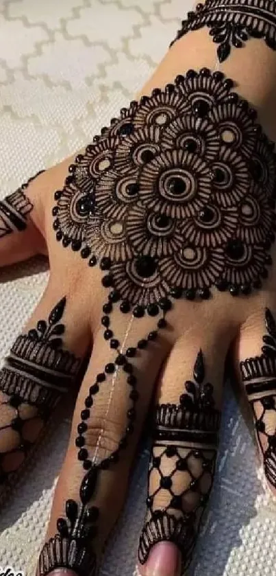 Intricate henna design on a hand with mandala patterns.