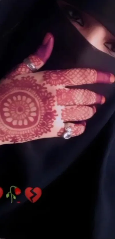 Elegant henna design on a woman's hand against a black background.