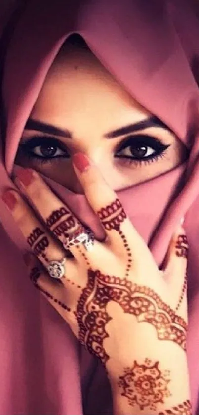 Mobile wallpaper with henna design and elegant veil.