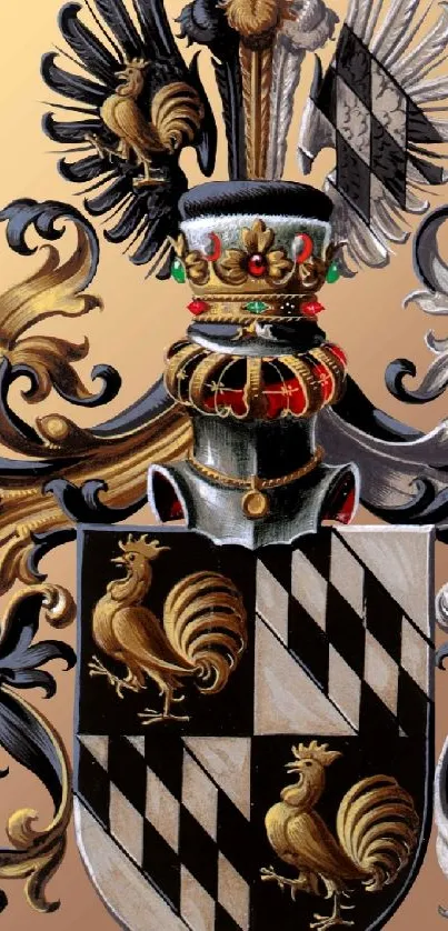 Heraldic crest wallpaper with gold and black design for mobile background.