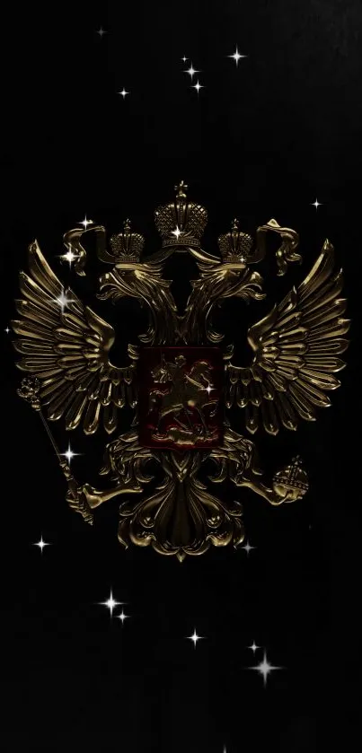 Golden heraldic emblem on black background with stars.