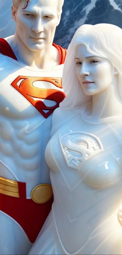 Statues of superheroes with a marble-like finish.