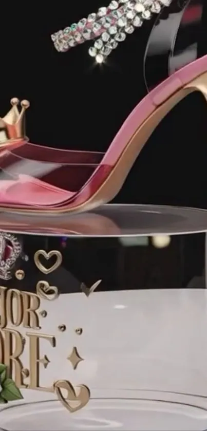 Elegant high heel with gold and gems on a decorative stand.