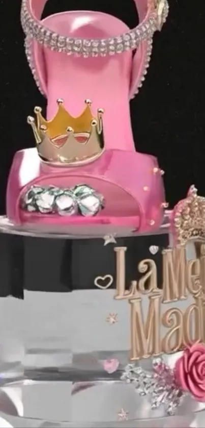 Pink high heel cake with crown and decorative elements.