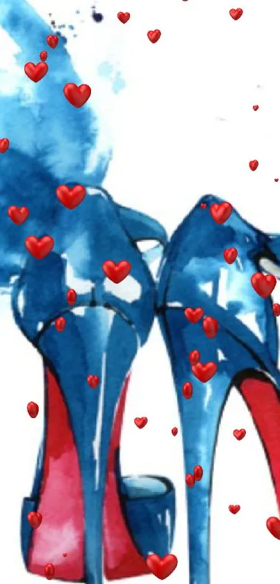 Watercolor art of blue high heels with red soles, splash background.