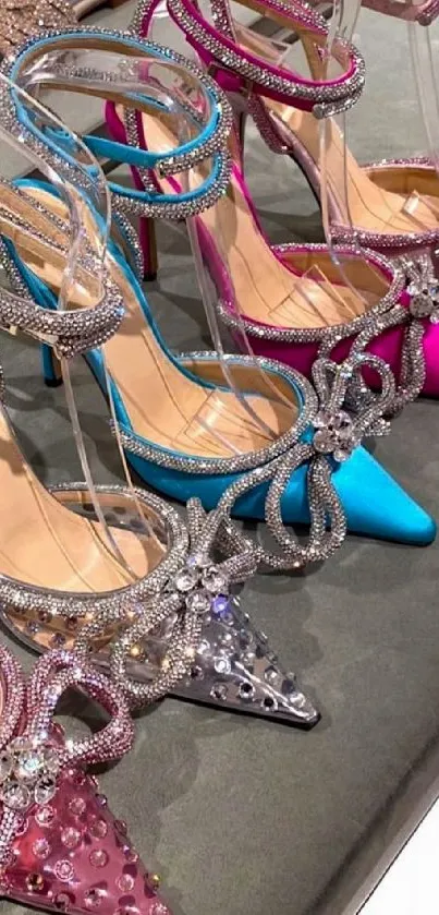 Elegant display of colorful, embellished high heel shoes on a shelf.