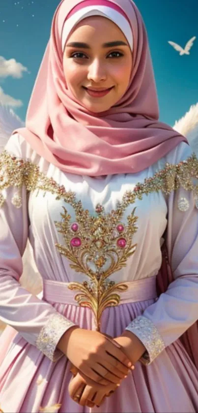 Elegant person in pink hijab with angel wings and decorative gown.