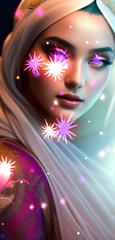 Elegant portrait of a woman in a hijab with artistic designs on mobile wallpaper.