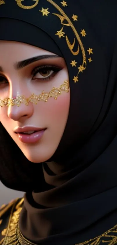 Elegant woman in a gold-adorned black hijab art wallpaper.