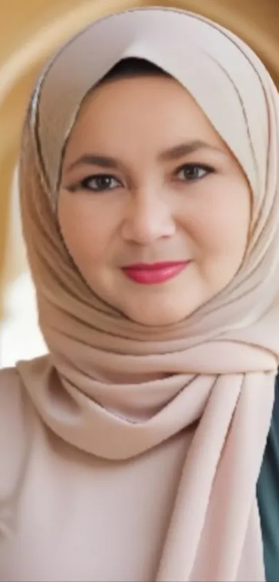 Portrait of a woman wearing an elegant hijab with a beige background.