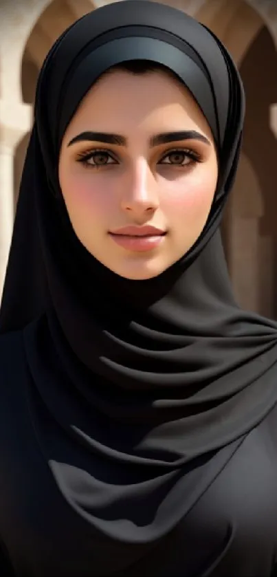 Woman in black hijab with an elegant architectural background.