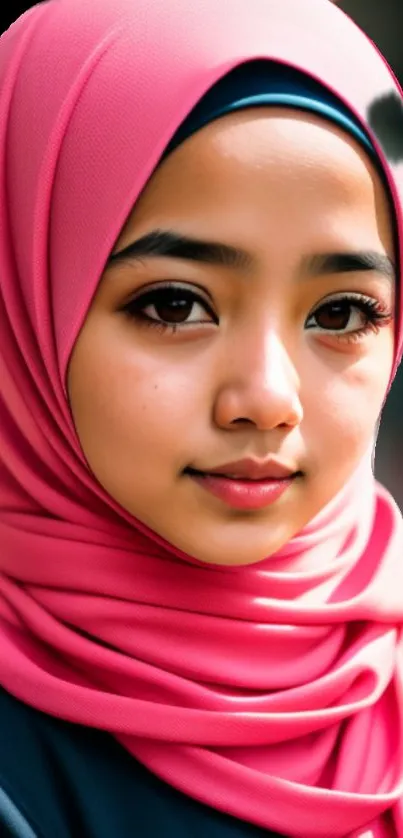 Young woman in pink hijab with elegant expression.