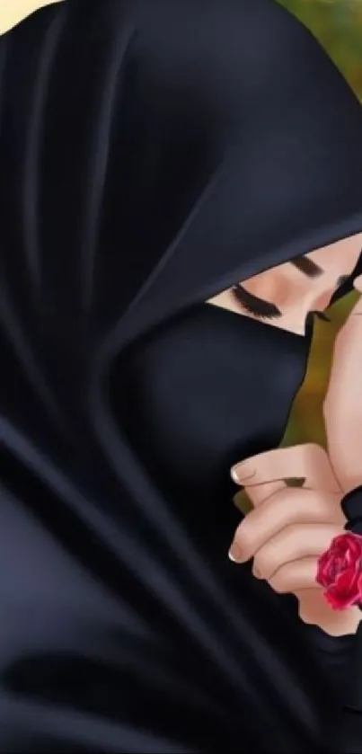 Digital art of a woman in a black hijab with floral accents.