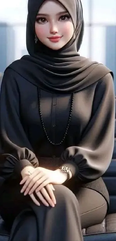 Elegant anime hijabi character in black attire.