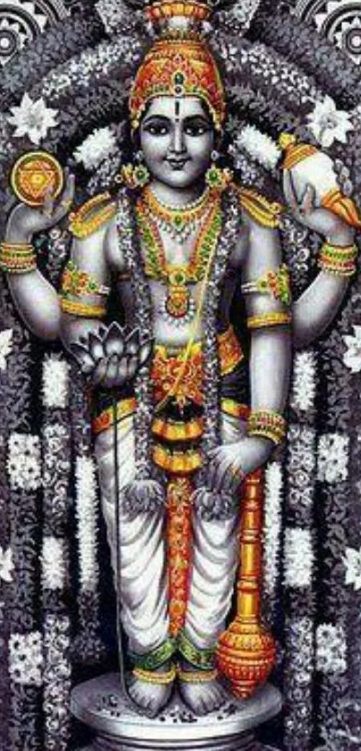 A detailed Hindu deity with vibrant, intricate patterns on a gray background.